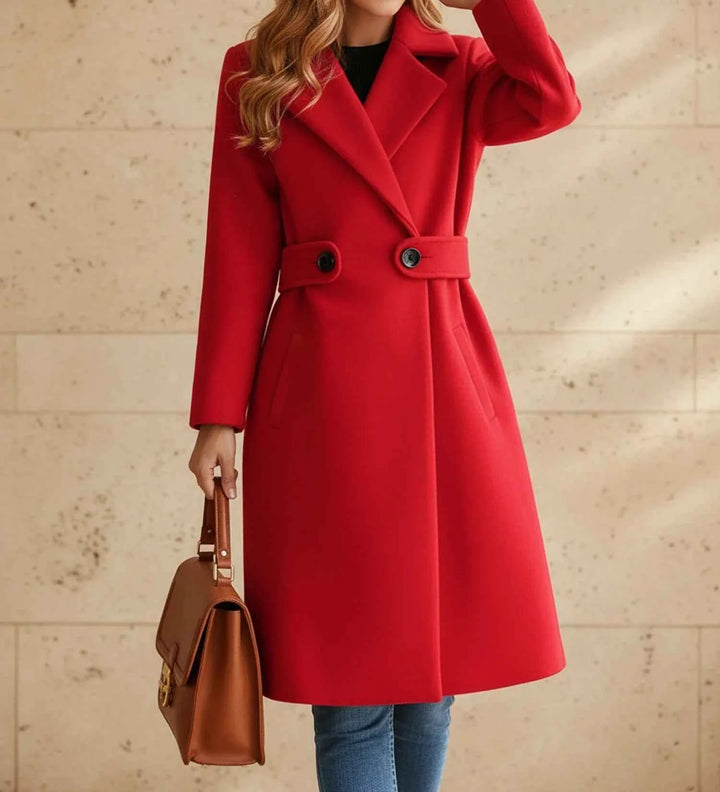Women's Tailored Belted Coat with Wide Lapel Red