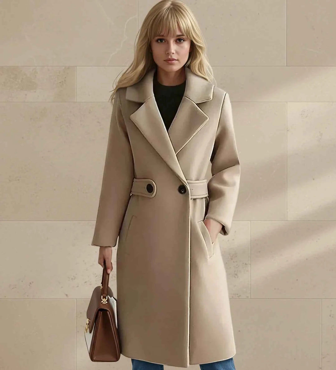 Women's Tailored Belted Coat with Wide Lapel Camel