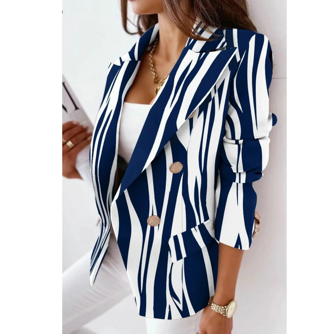 Women's Tailored Blazer – Double-Button Closure – Striped Design – Notched Lapel Dark Blue