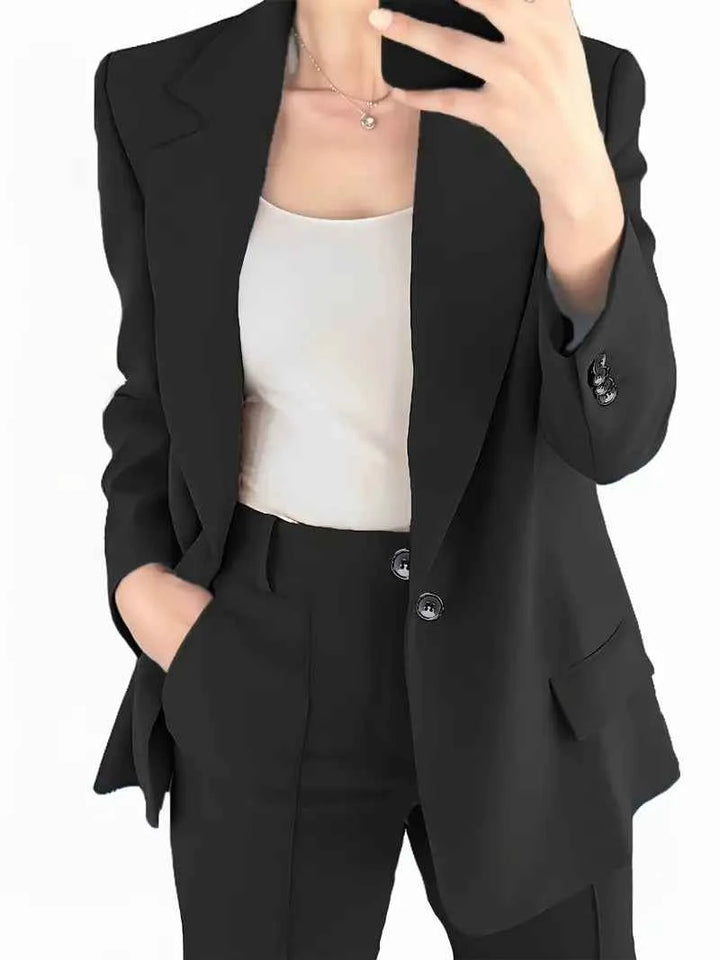 Women's Tailored Blazer and Pants Set – Classic Straight Leg Design Black