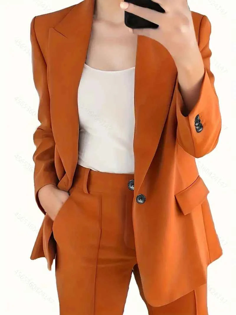 Women's Tailored Blazer and Pants Set – Classic Straight Leg Design Orange