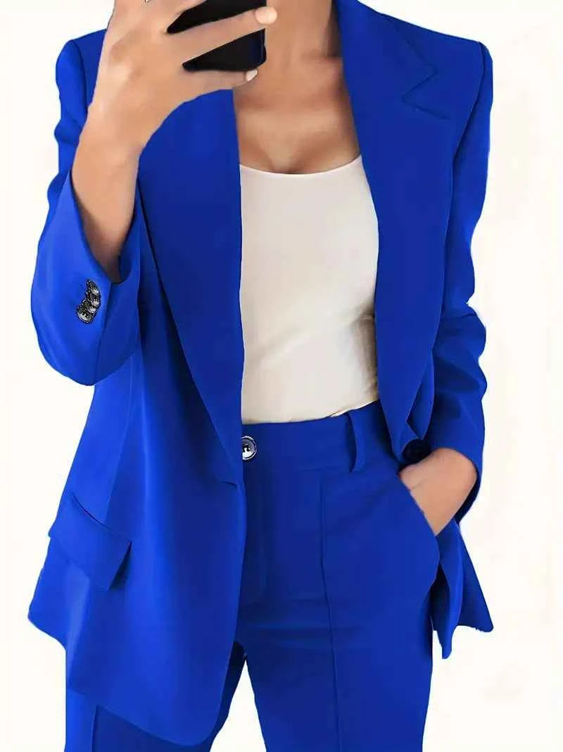 Women's Tailored Blazer and Pants Set – Classic Straight Leg Design Blue