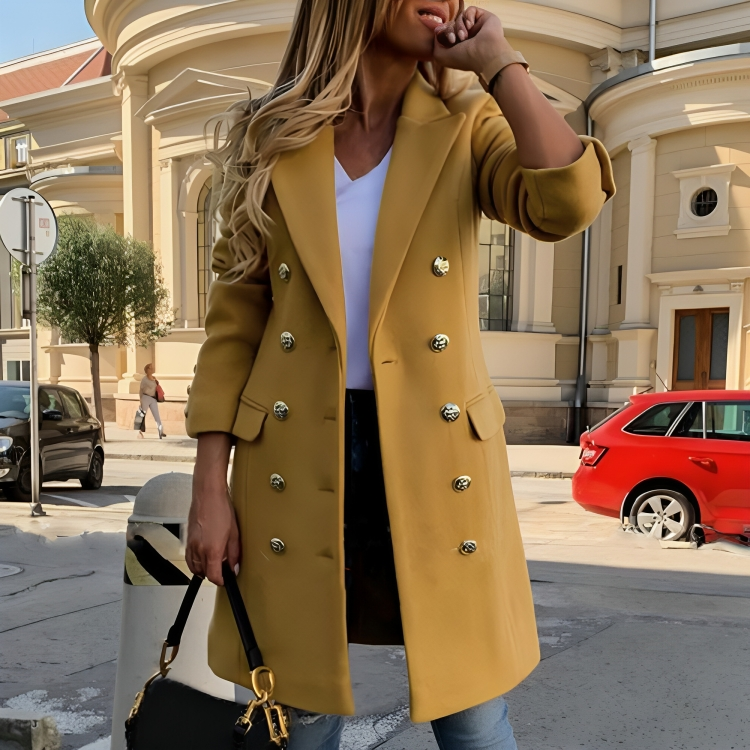 Women's Tailored Double-Breasted Long Coat – Luxury Fabric with Notched Lapel Yellow