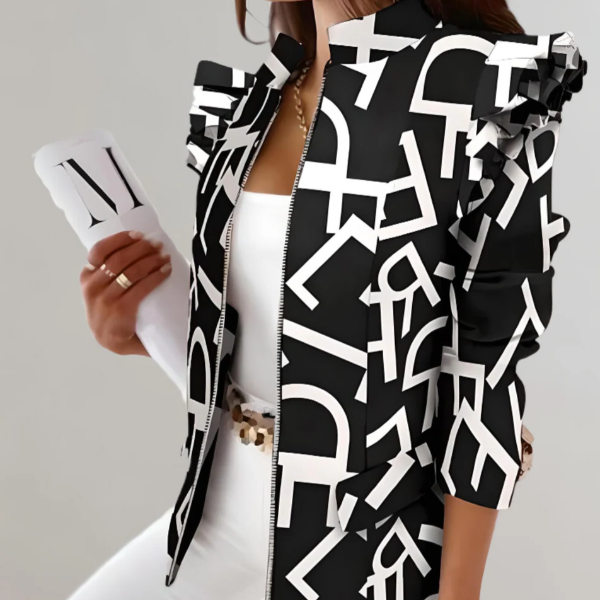 Women's Tailored Jacket – Checked Pattern with Ruffled Shoulders and Stand-up Collar Black