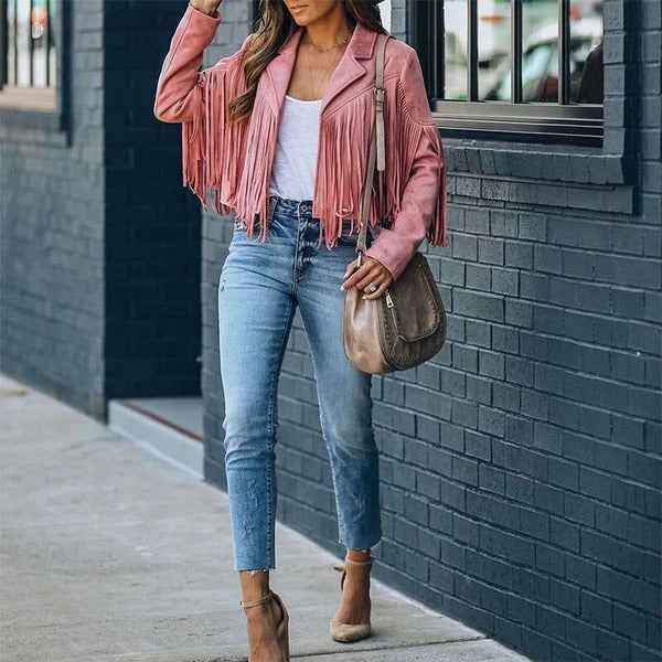 Women's Tailored Leather Jacket with Fringe – Hip-Length Casual Style Pink