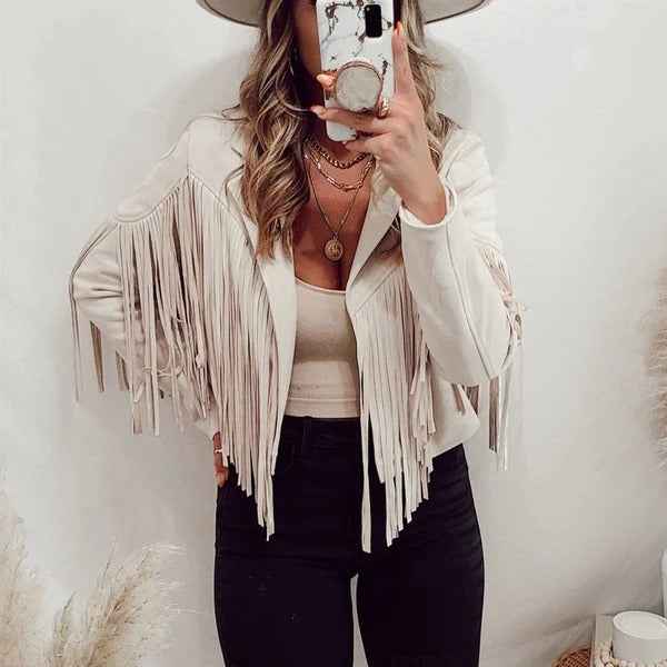Women's Tailored Leather Jacket with Fringe – Hip-Length Casual Style White