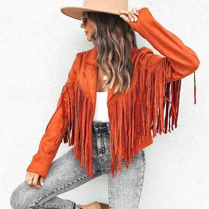 Women's Tailored Leather Jacket with Fringe – Hip-Length Casual Style Orange