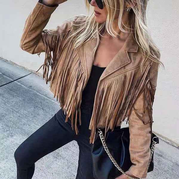 Women's Tailored Leather Jacket with Fringe – Hip-Length Casual Style Brown