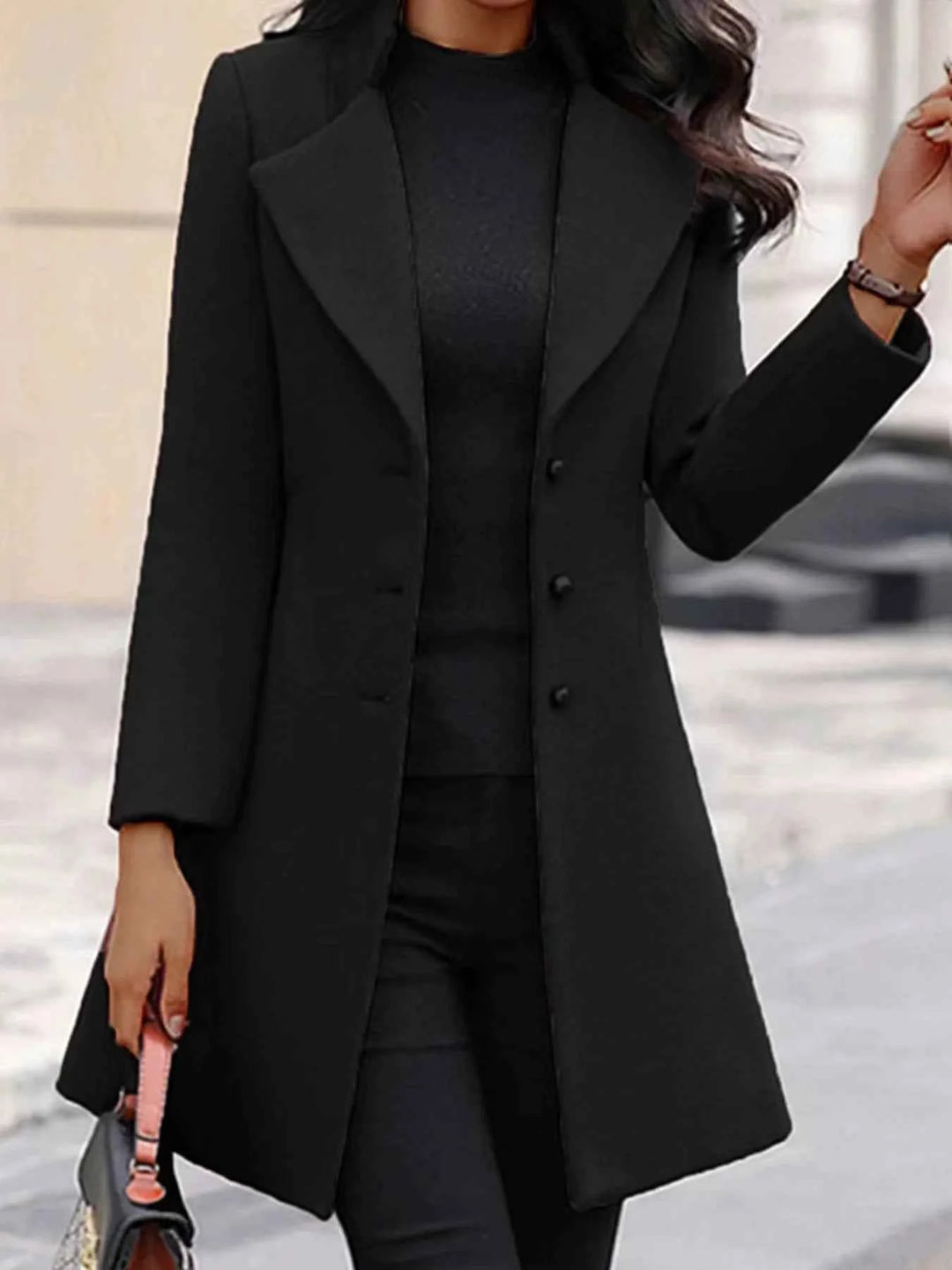 Women's Tailored Long Coat – Single-Breasted with Notch Lapel Black