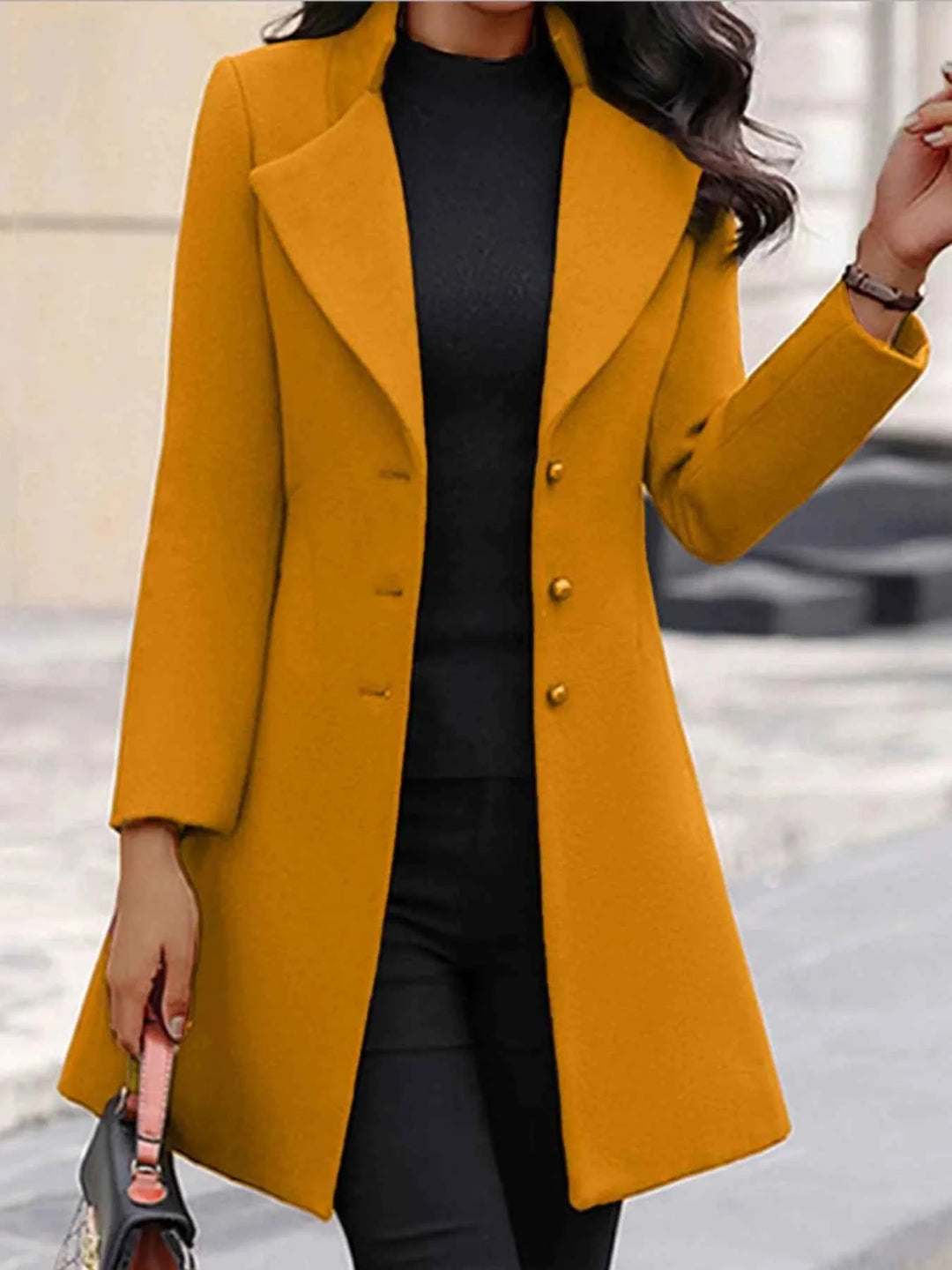 Women's Tailored Long Coat – Single-Breasted with Notch Lapel Yellow