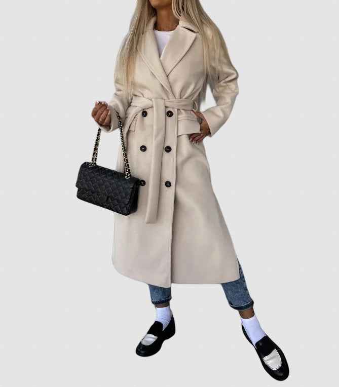 Women's Tailored Long Wool Winter Coat - Stylish Overcoat Khaki