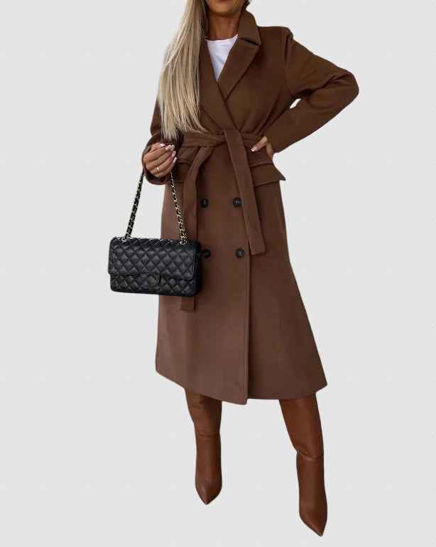 Women's Tailored Long Wool Winter Coat - Stylish Overcoat Brown