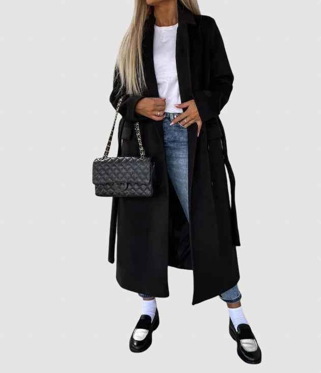 Women's Tailored Long Wool Winter Coat - Stylish Overcoat Black