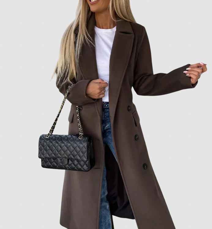 Women's Tailored Long Wool Winter Coat - Stylish Overcoat Dark Brown