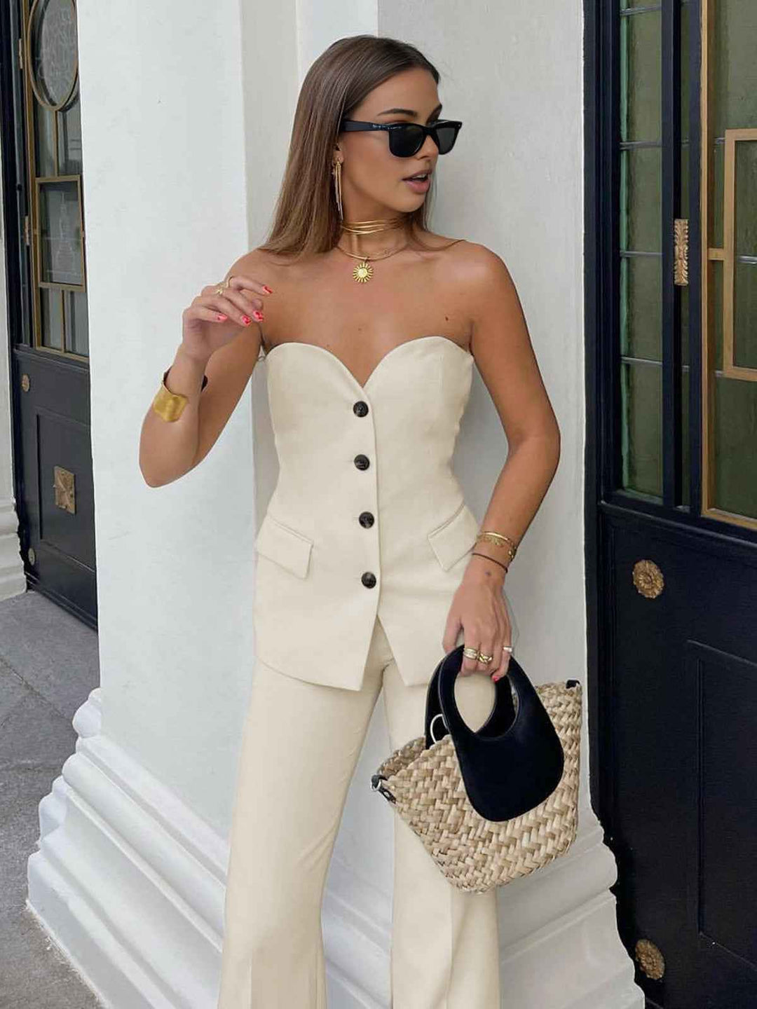 Women's Tailored Pantsuit – Strapless Corset Top with Straight Legs