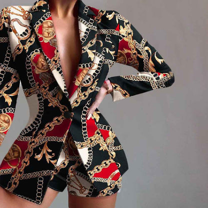 Women's Tailored Satin Look Blazer and Leopard Print Shorts Set Black