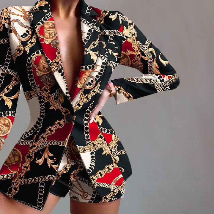 Women's Tailored Satin Look Blazer and Leopard Print Shorts Set Black