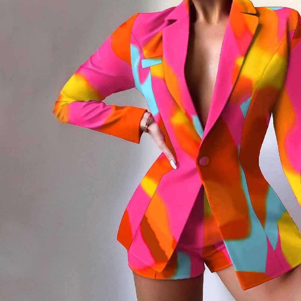 Women's Tailored Satin Look Blazer and Leopard Print Shorts Set Yellow
