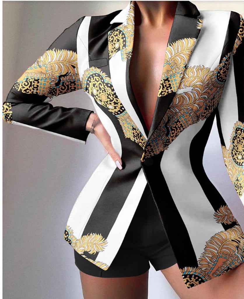 Women's Tailored Satin Look Blazer and Leopard Print Shorts Set Black White