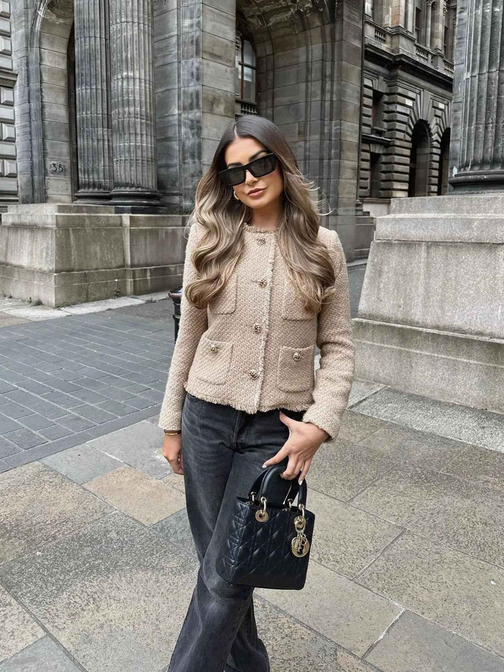 Women's Tailored Tweed Jacket - Classic Round Neck Design
