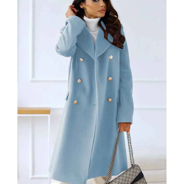 Women's Tailored Wool Blend Long Coat – Double-Breasted with Wide Lapels Blue