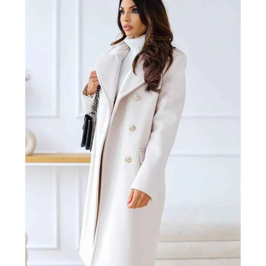 Women's Tailored Wool Blend Long Coat – Double-Breasted with Wide Lapels White