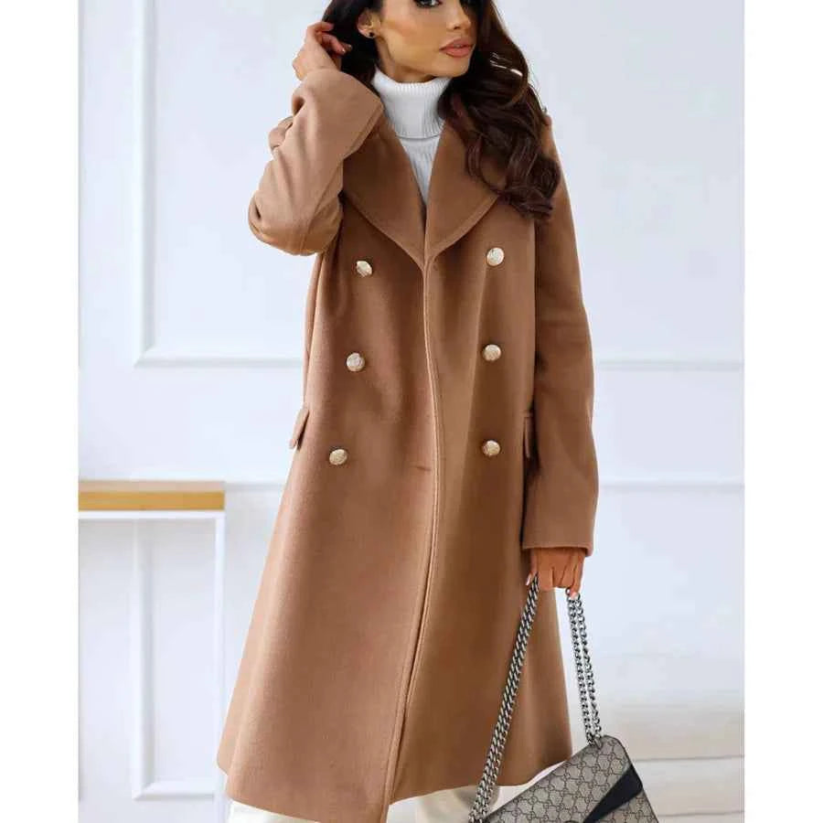 Women's Tailored Wool Blend Long Coat – Double-Breasted with Wide Lapels Brown