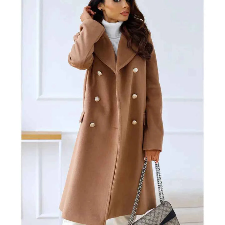 Women's Tailored Wool Blend Long Coat – Double-Breasted with Wide Lapels Brown