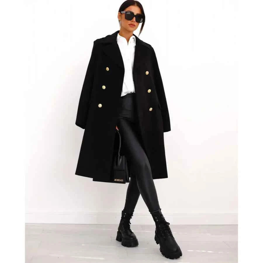 Women's Tailored Wool Blend Long Coat – Double-Breasted with Wide Lapels Black