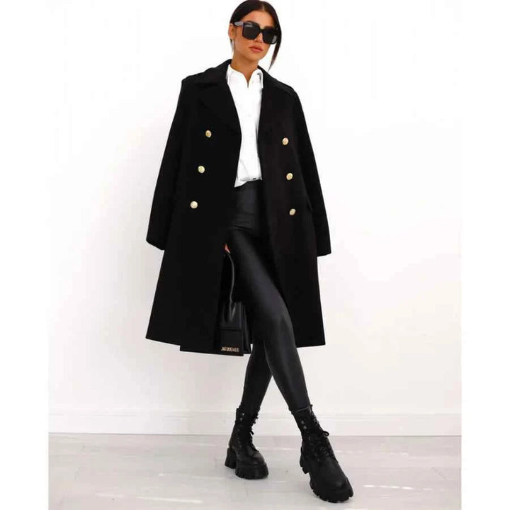 Women's Tailored Wool Blend Long Coat – Double-Breasted with Wide Lapels Black