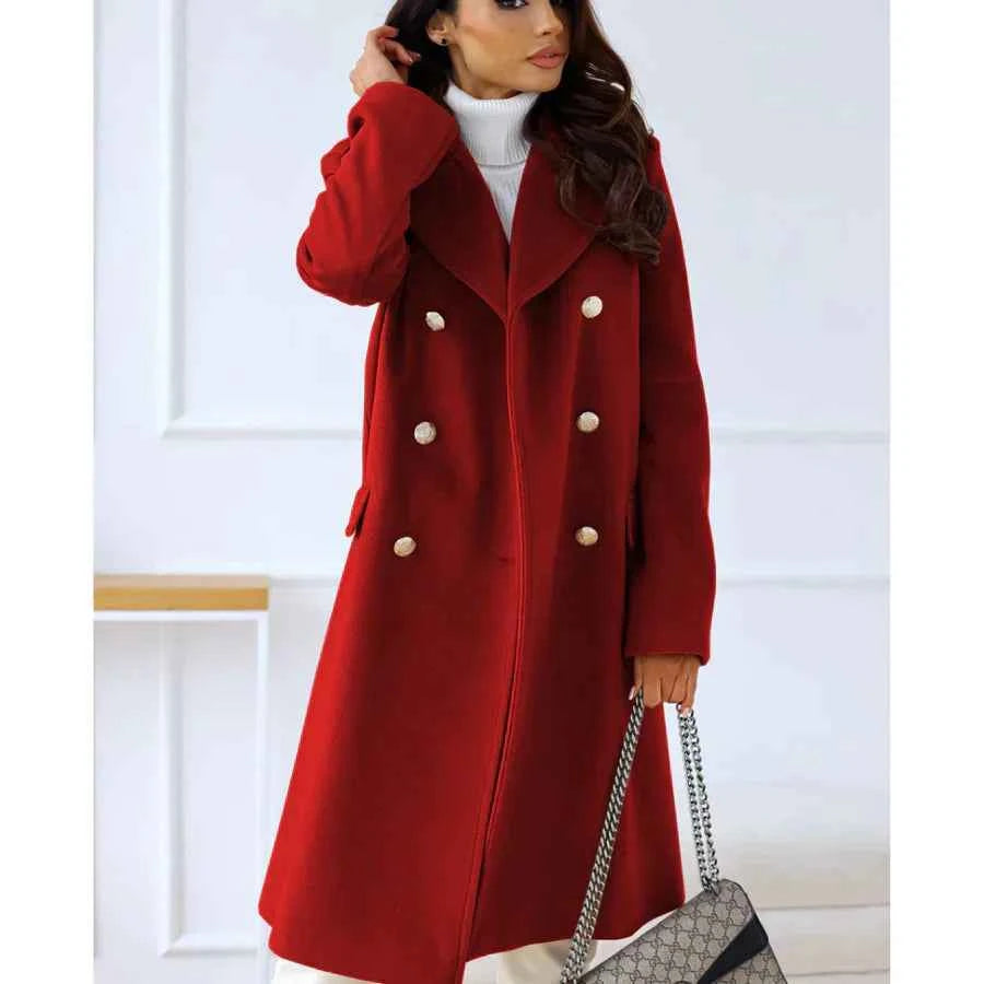 Women's Tailored Wool Blend Long Coat – Double-Breasted with Wide Lapels Red