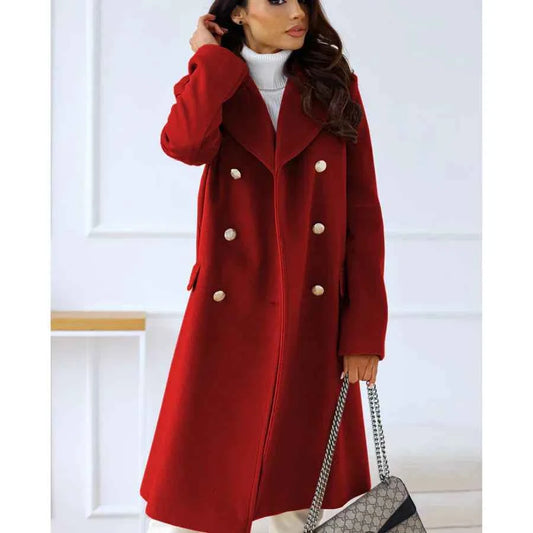 Women's Tailored Wool Blend Long Coat – Double-Breasted with Wide Lapels Red