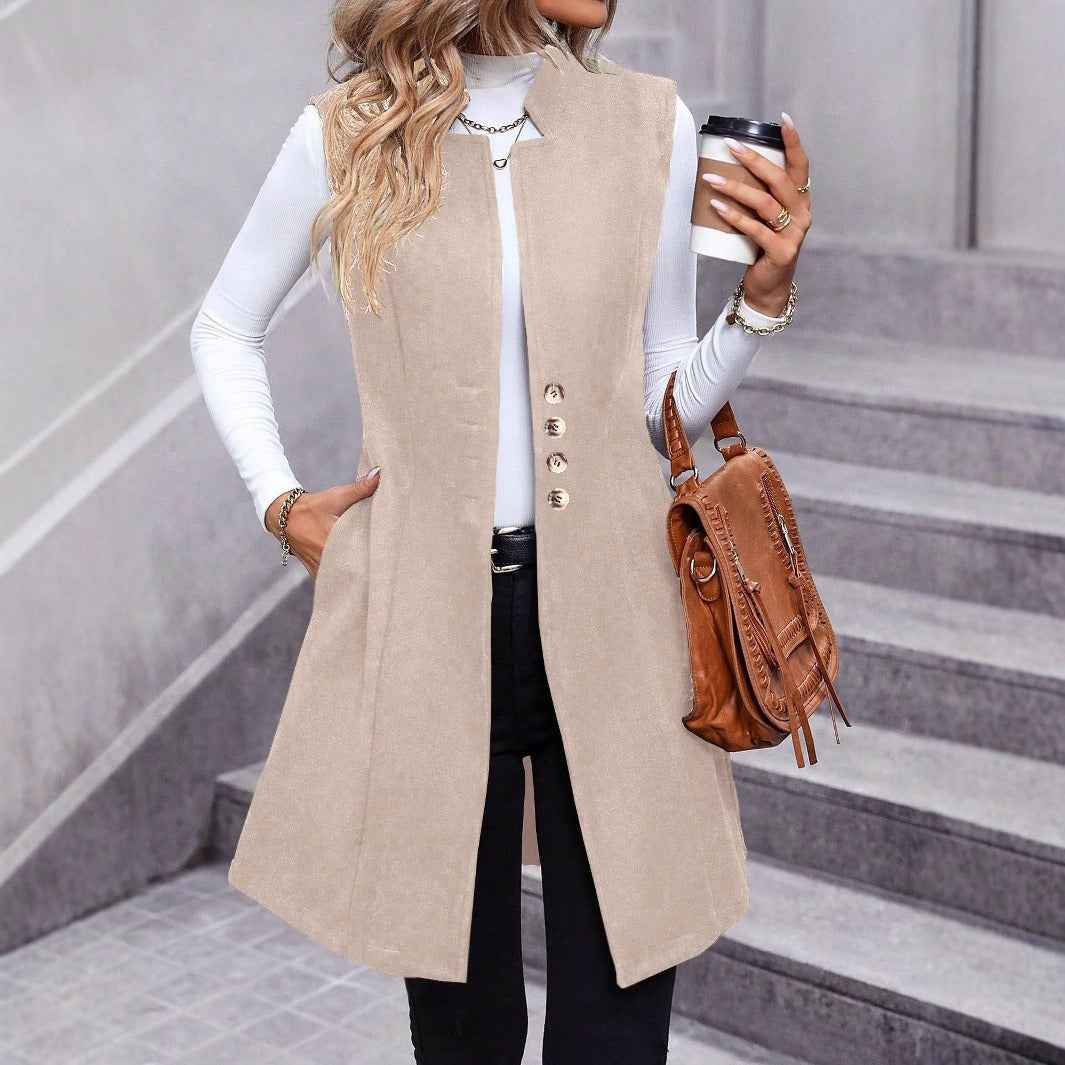 Women's Tailored Wool Blend Vest – Sleeveless with Button Closure – Knee-Length Apricot