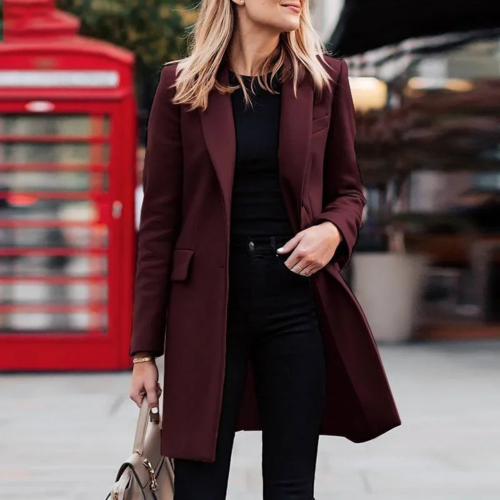 Women's Tailored Wool-Look Long Coat with Notched Lapel and Flap Pockets White Red