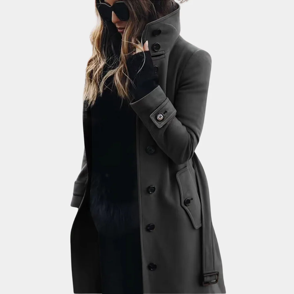 Women's Tailored Wool Look Trench Coat – Full Length with Belt and Button Closure Dark Grey