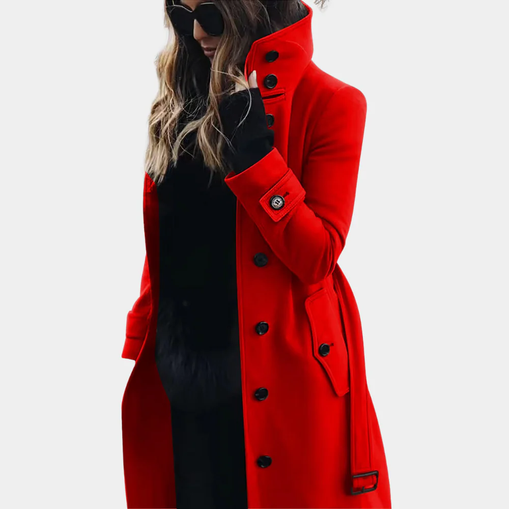 Women's Wool Coat Tailored Fit Button Closure Khaki Winter Red