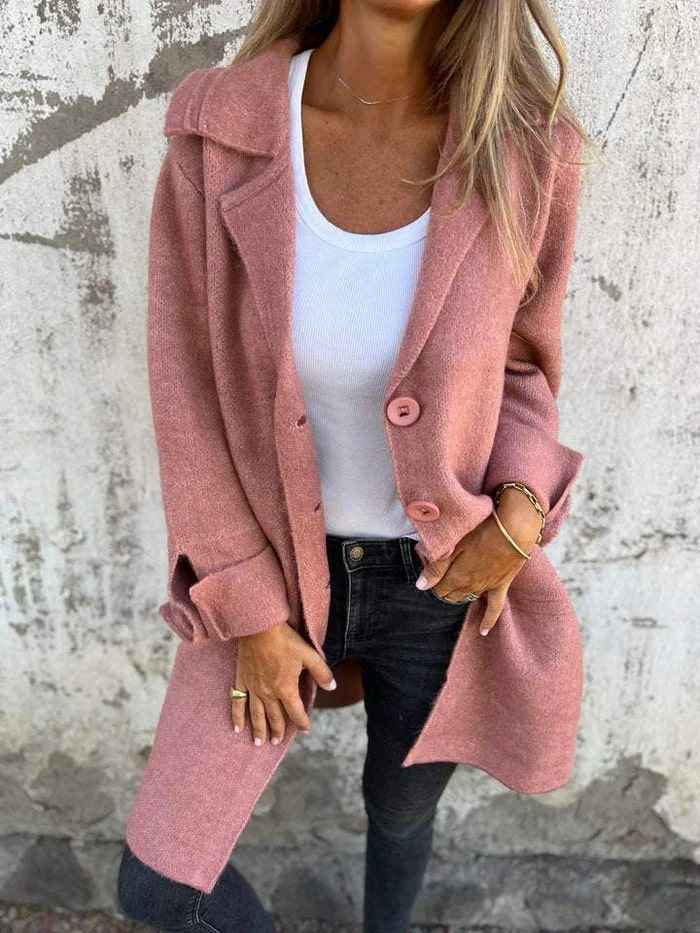 Women's Tailored Wool Mix Long Coat - Classic Button Closure Pink