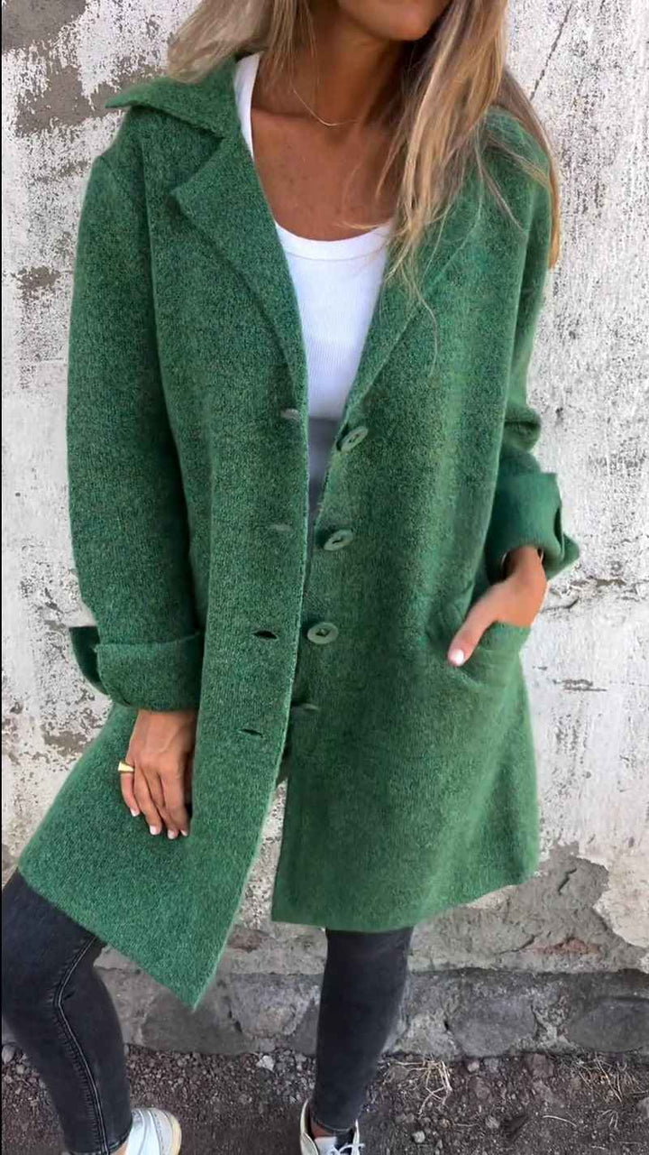 Women's Tailored Wool Mix Long Coat - Classic Button Closure Green