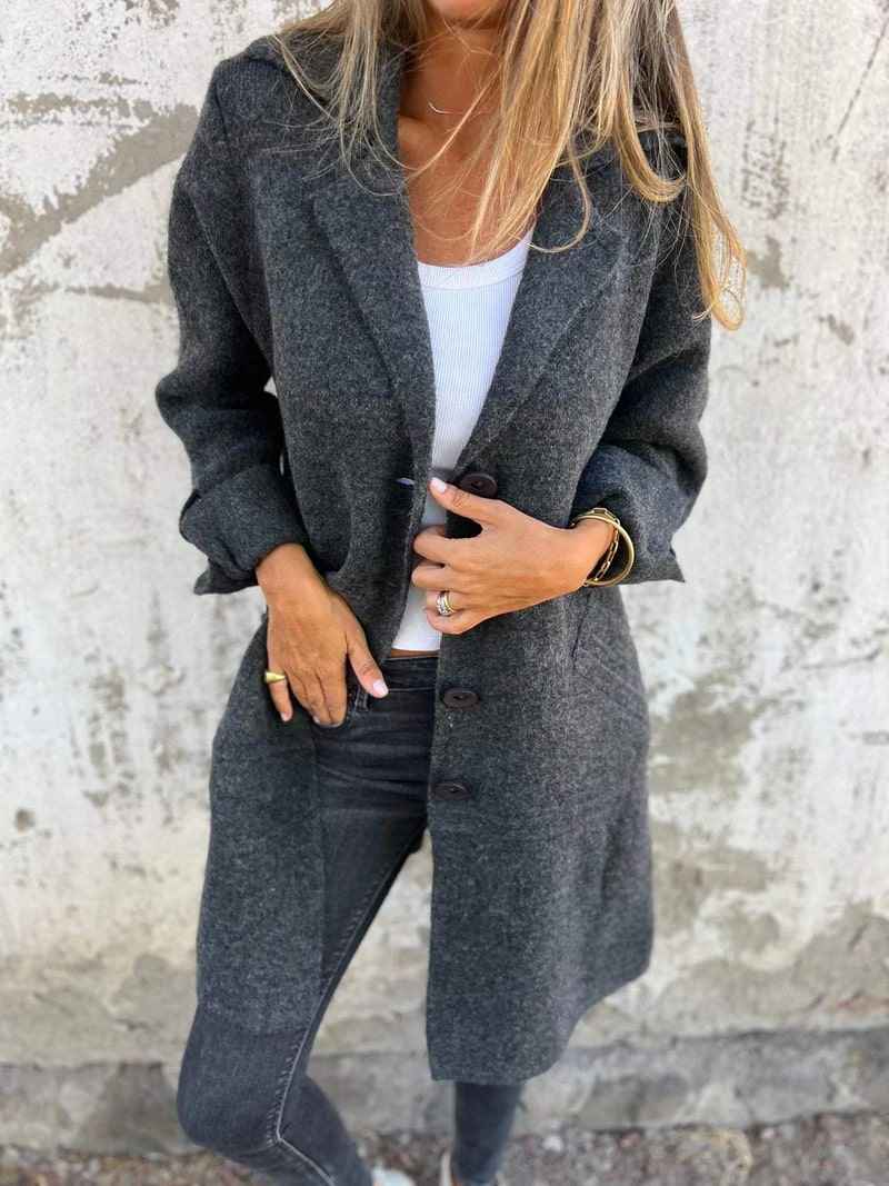 Women's Tailored Wool Mix Long Coat - Classic Button Closure Black