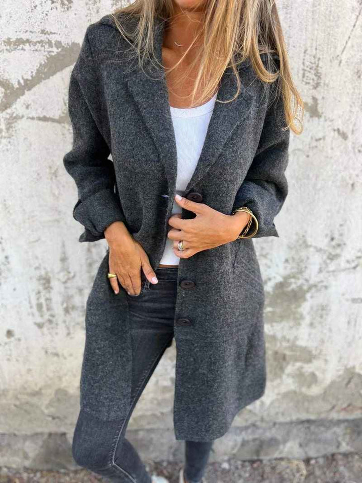 Women's Tailored Wool Mix Long Coat - Classic Button Closure Black