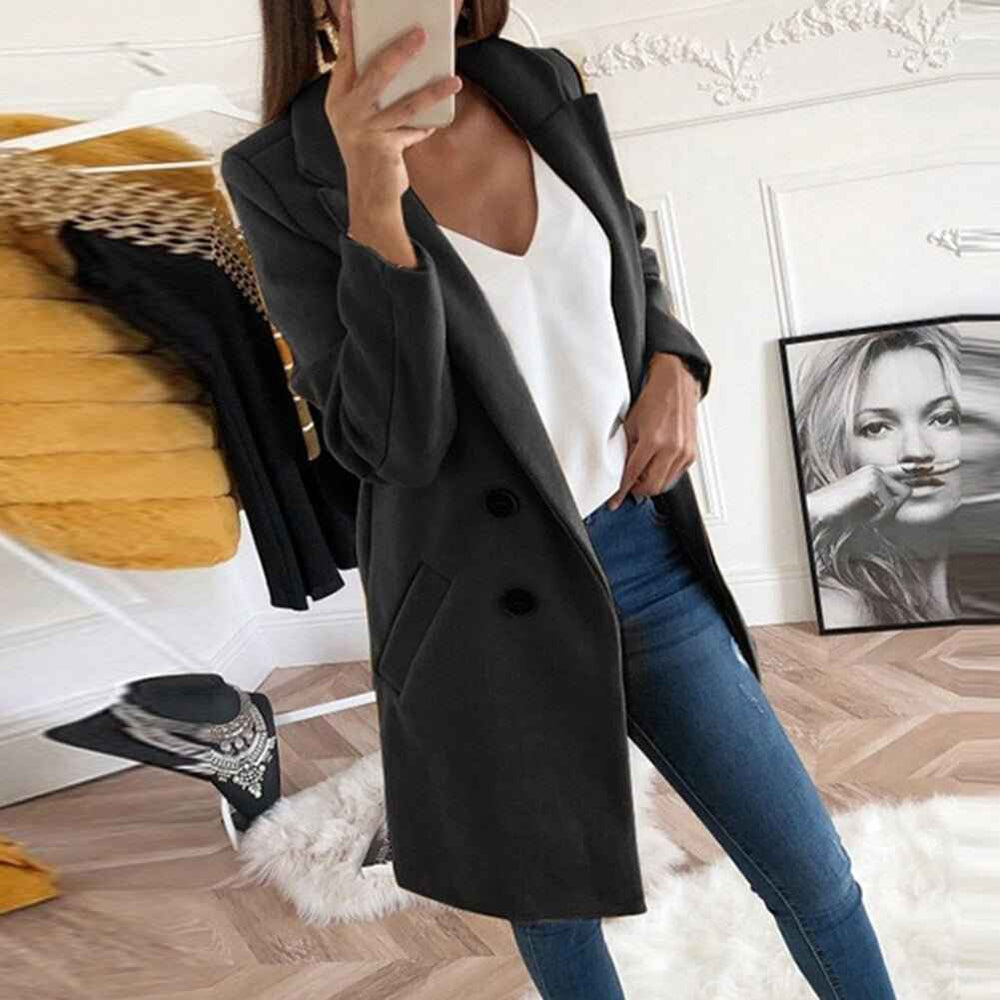 Women's Tailored Woolmix Blazer Jacket – Double-Breasted, Knee Length Black