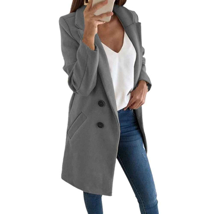 Women's Tailored Woolmix Blazer Jacket – Double-Breasted, Knee Length Grey