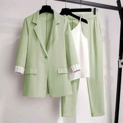 Women's Three-Piece Blazer Set Tailored Blazer Straight Pants Camisole Green