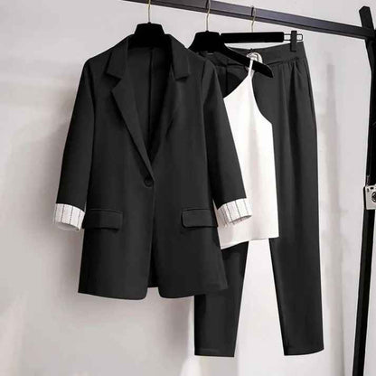 Women's Three-Piece Blazer Set Tailored Blazer Straight Pants Camisole Black