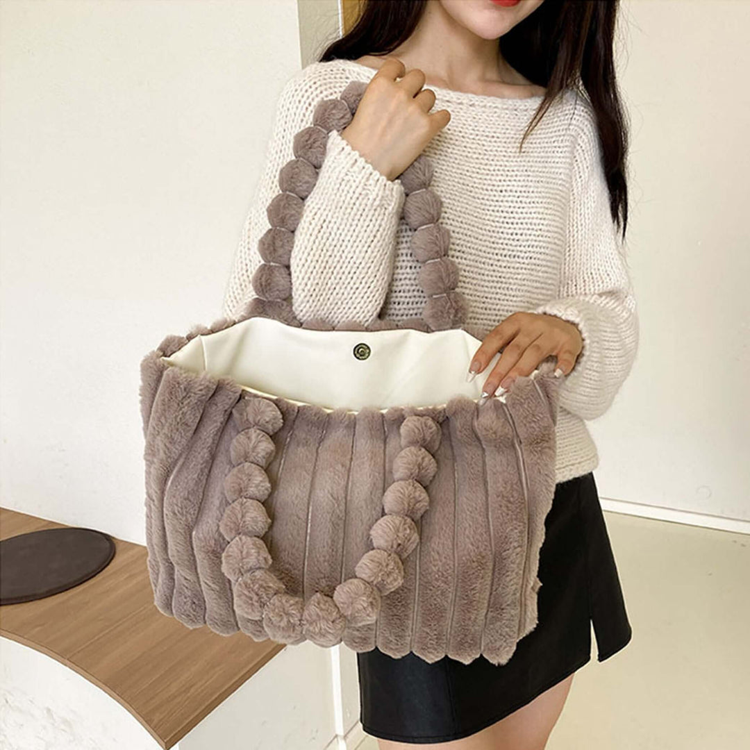 Trendy Women's Tote Bag with Plush Pom-Pom Handles