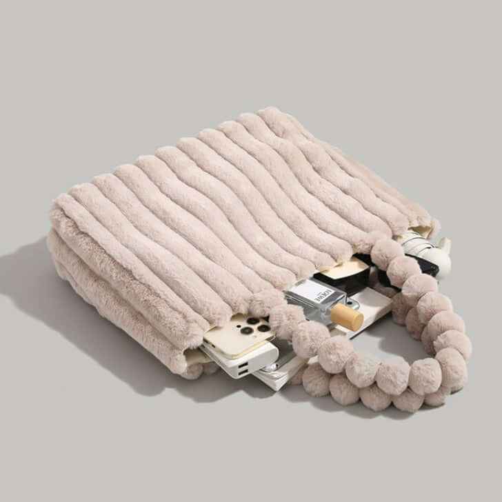 Trendy Women's Tote Bag with Plush Pom-Pom Handles