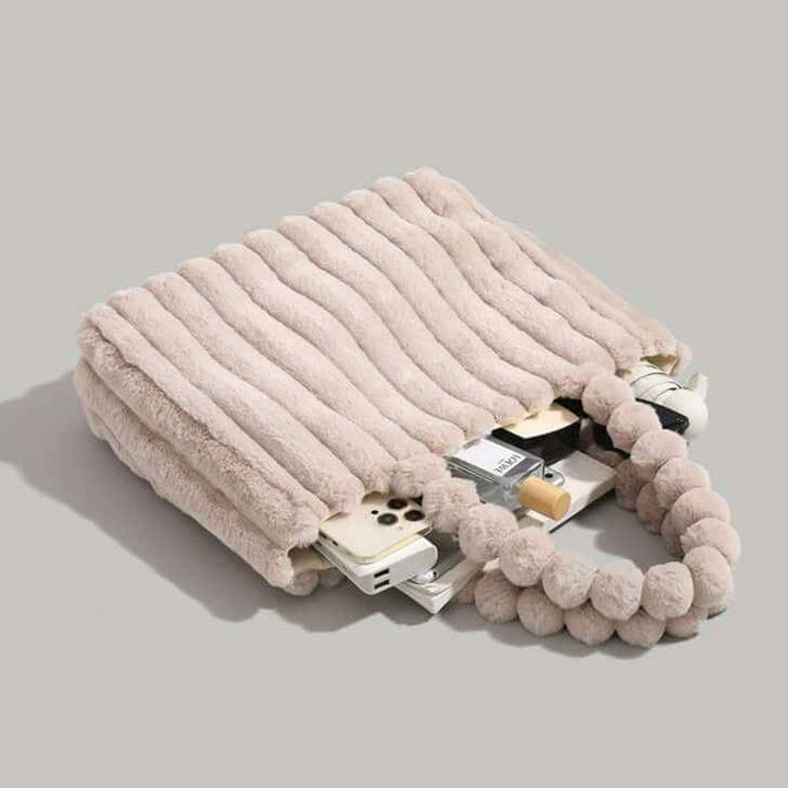 Trendy Women's Tote Bag with Plush Pom-Pom Handles