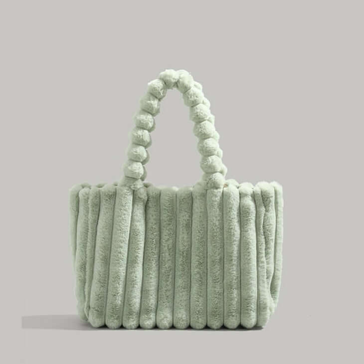 Trendy Women's Tote Bag with Plush Pom-Pom Handles Green