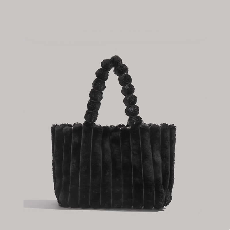 Trendy Women's Tote Bag with Plush Pom-Pom Handles Black