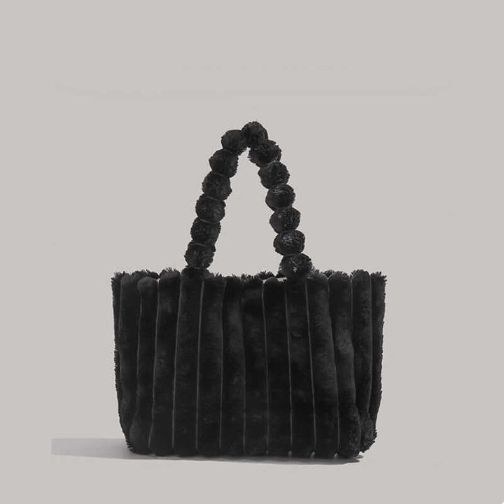 Trendy Women's Tote Bag with Plush Pom-Pom Handles Black